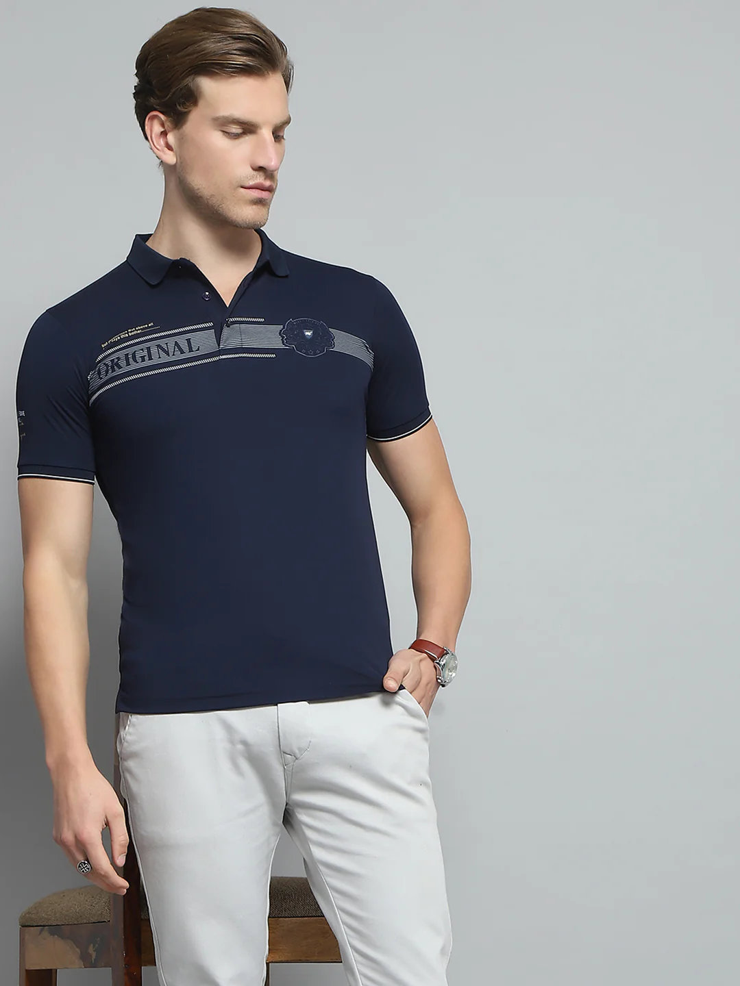 Men Navy Blue Printed Collar Half Sleeve T-Shirt - Image 6