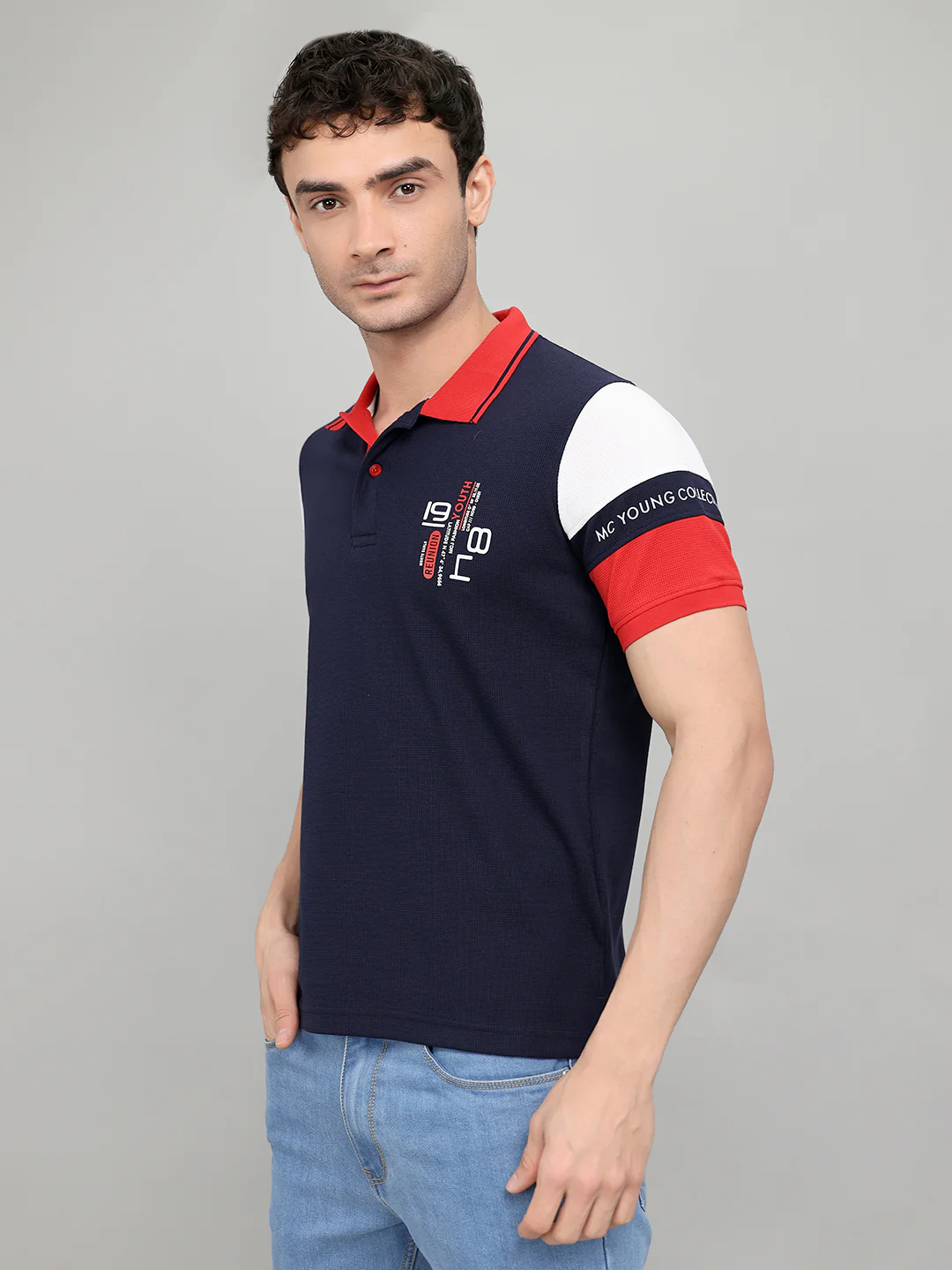 Men Navy Blue Printed Collar Half Sleeve T-Shirt - Image 2