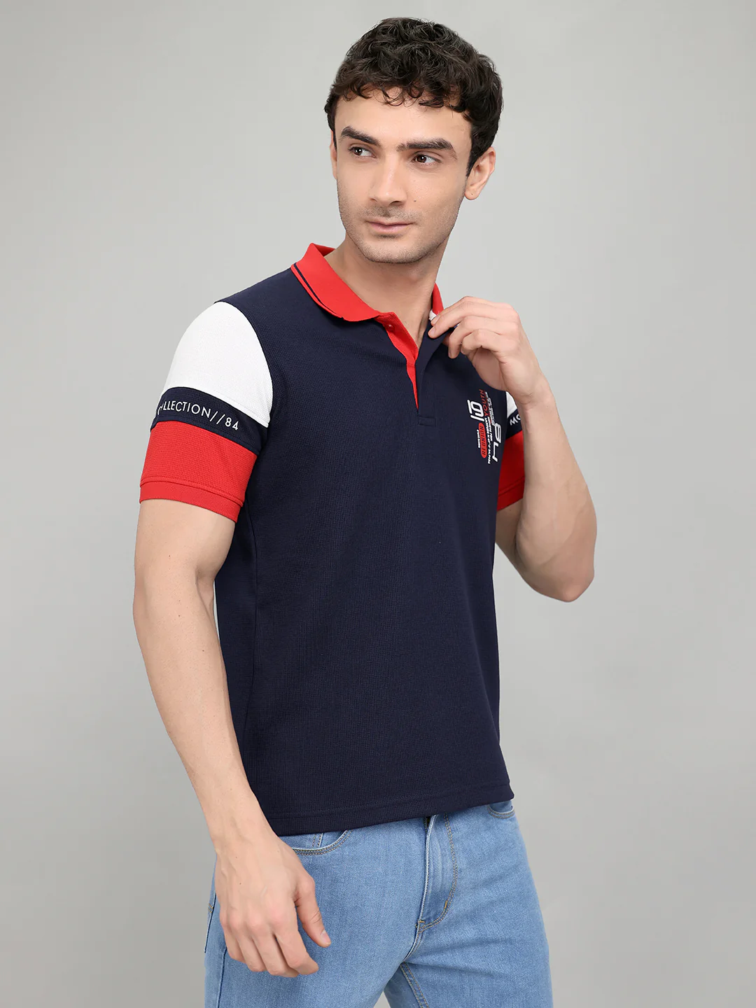 Men Navy Blue Printed Collar Half Sleeve T-Shirt - Image 3