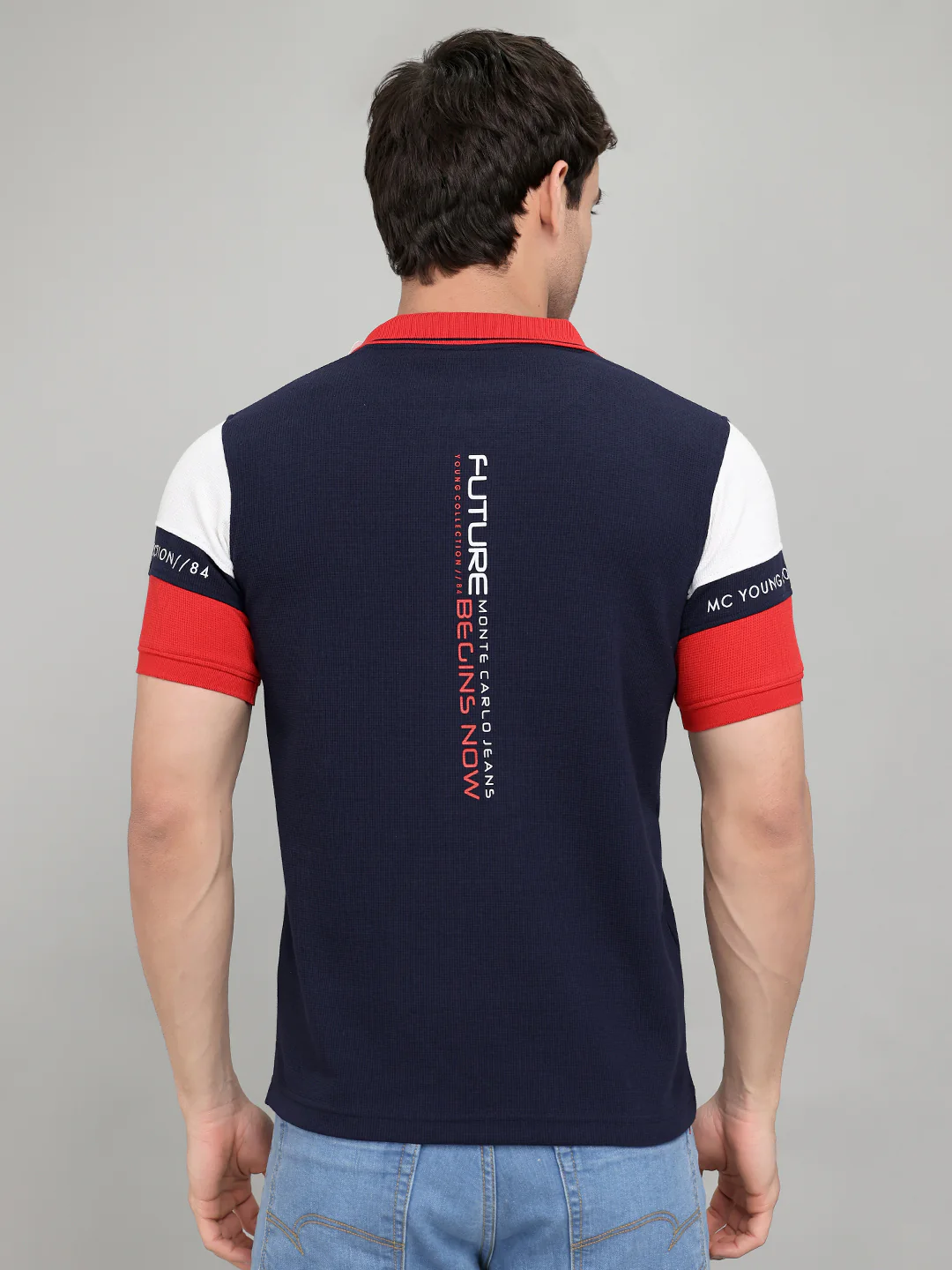 Men Navy Blue Printed Collar Half Sleeve T-Shirt - Image 5