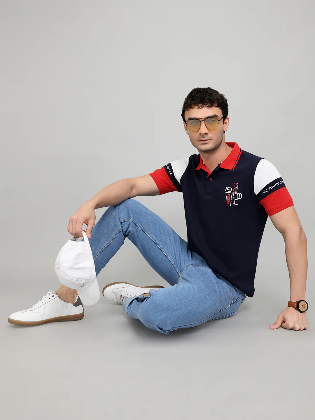 Men Navy Blue Printed Collar Half Sleeve T-Shirt - Image 6