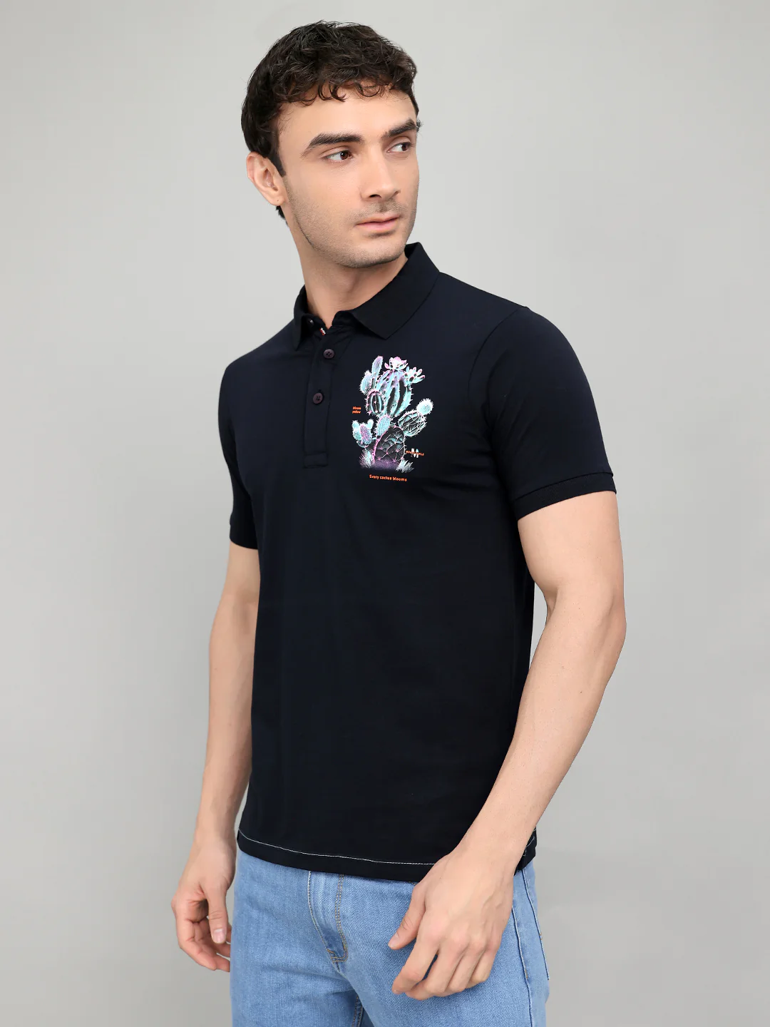 Men Navy Blue Printed Collar Half Sleeve T-Shirt - Image 2