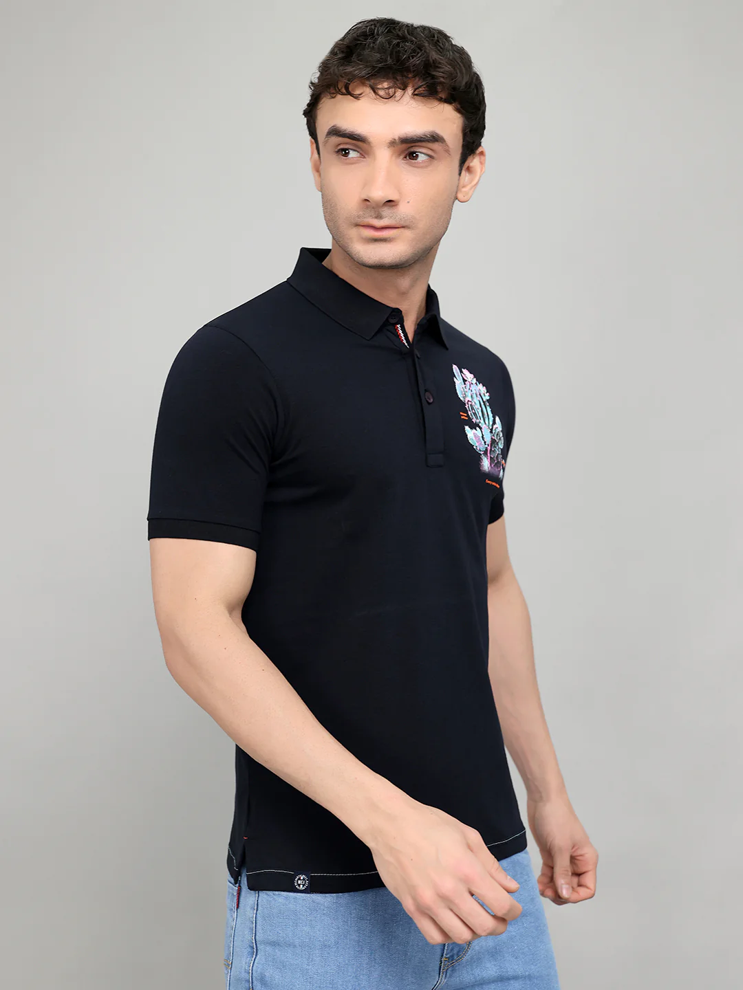 Men Navy Blue Printed Collar Half Sleeve T-Shirt - Image 3