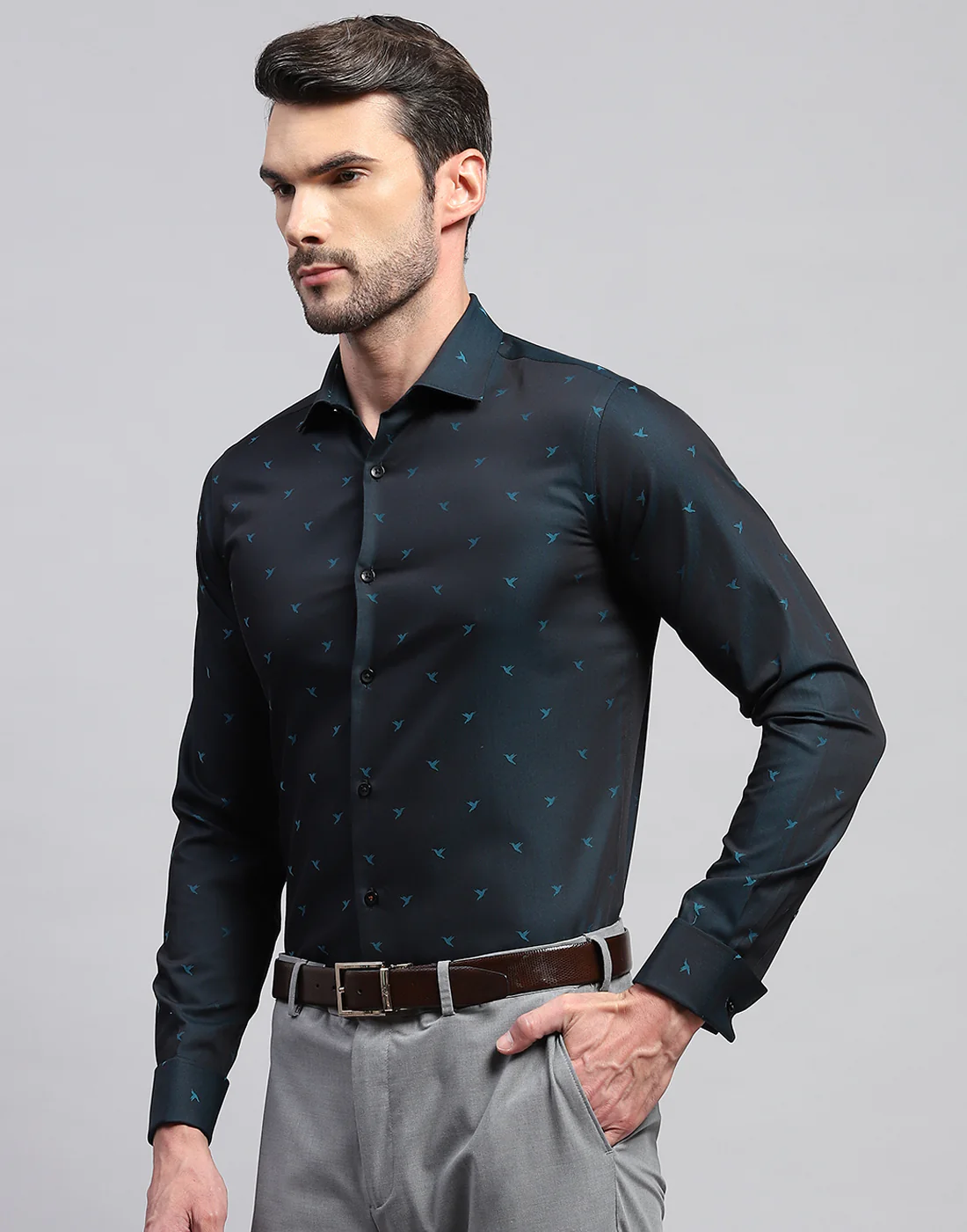 Men Navy Blue Printed Collar Neck Full Sleeve Shirt - Image 3