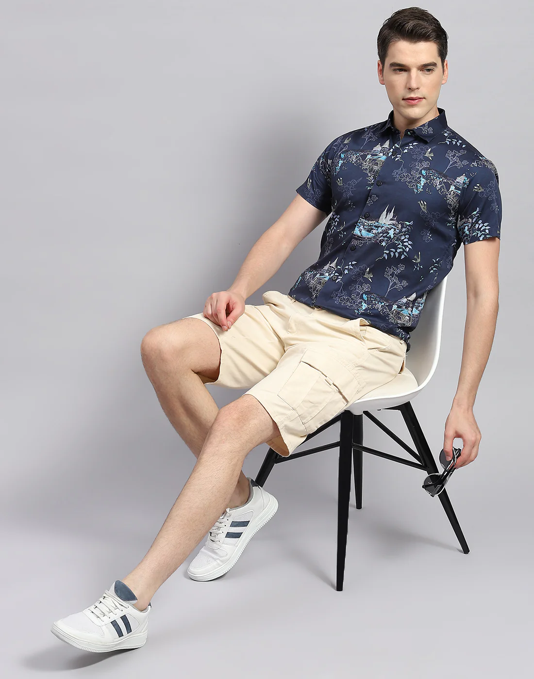Men Navy Blue Printed Collar Neck Half Sleeve Shirt - Image 2