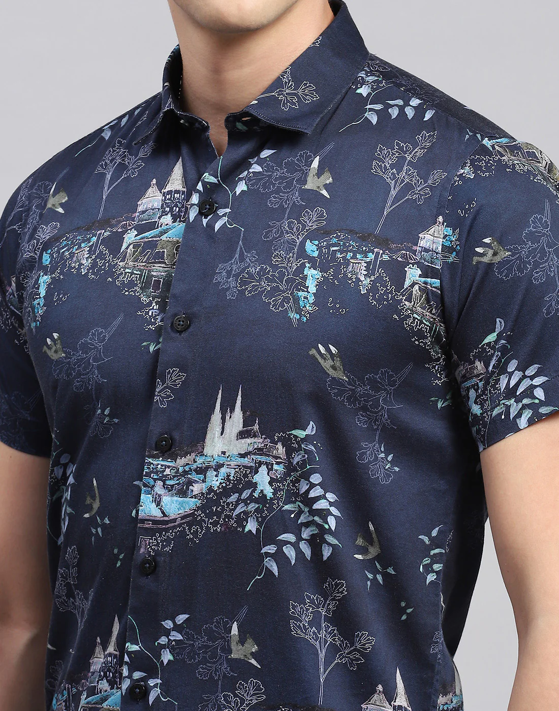 Men Navy Blue Printed Collar Neck Half Sleeve Shirt - Image 6