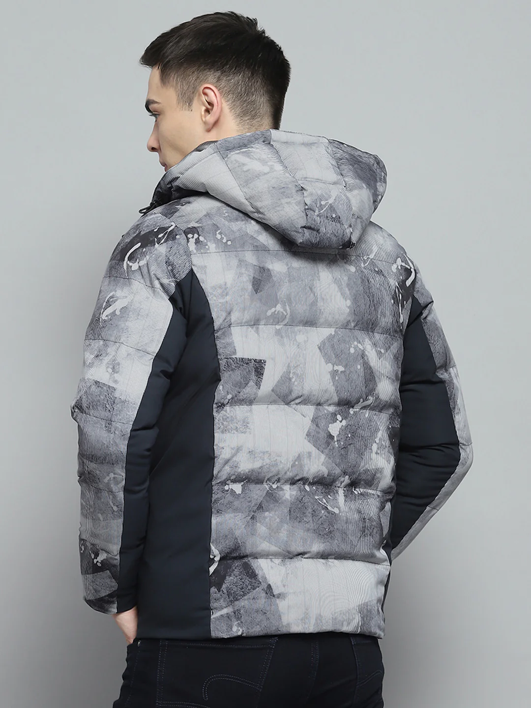 Men Navy Blue Printed Detachable Hood Full Sleeve Jacket - Image 5