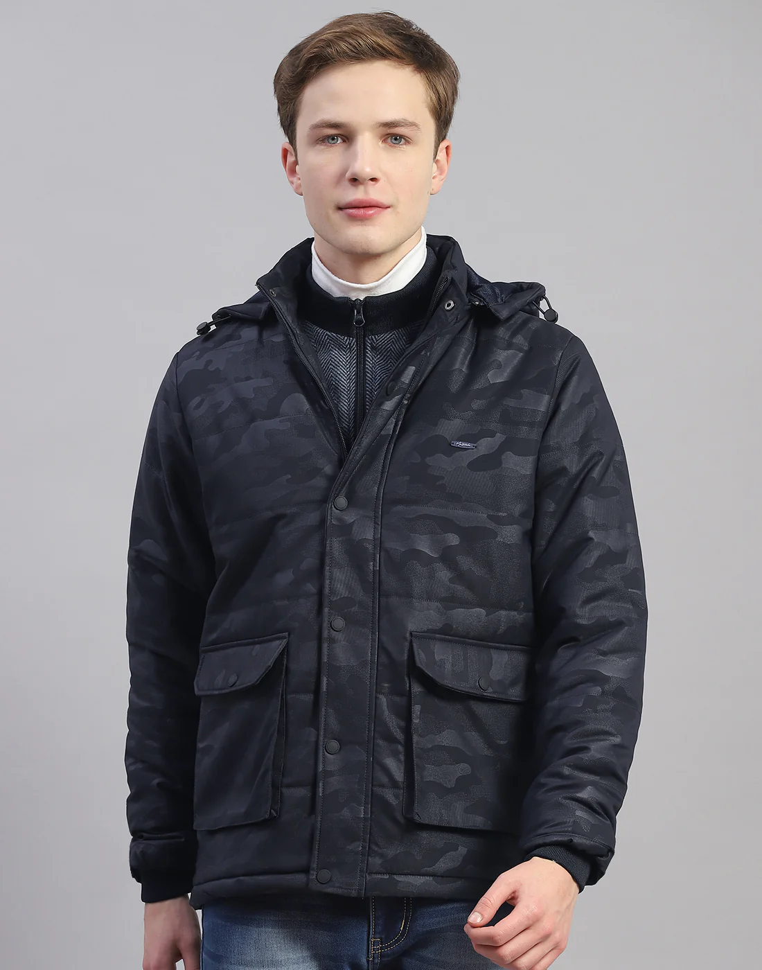 Men Navy Blue Printed Hooded Full Sleeve Jacket - Image 2