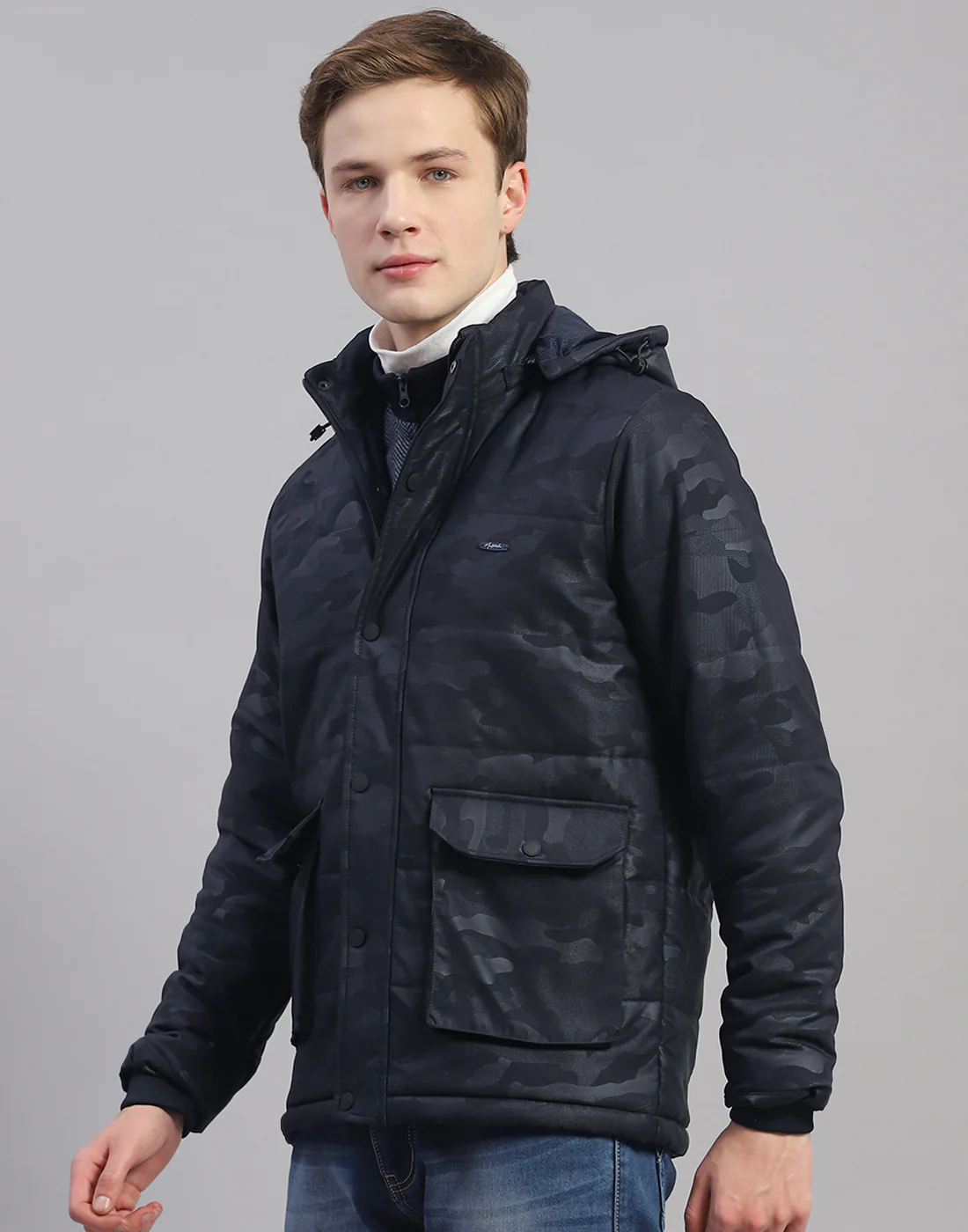 Men Navy Blue Printed Hooded Full Sleeve Jacket - Image 3