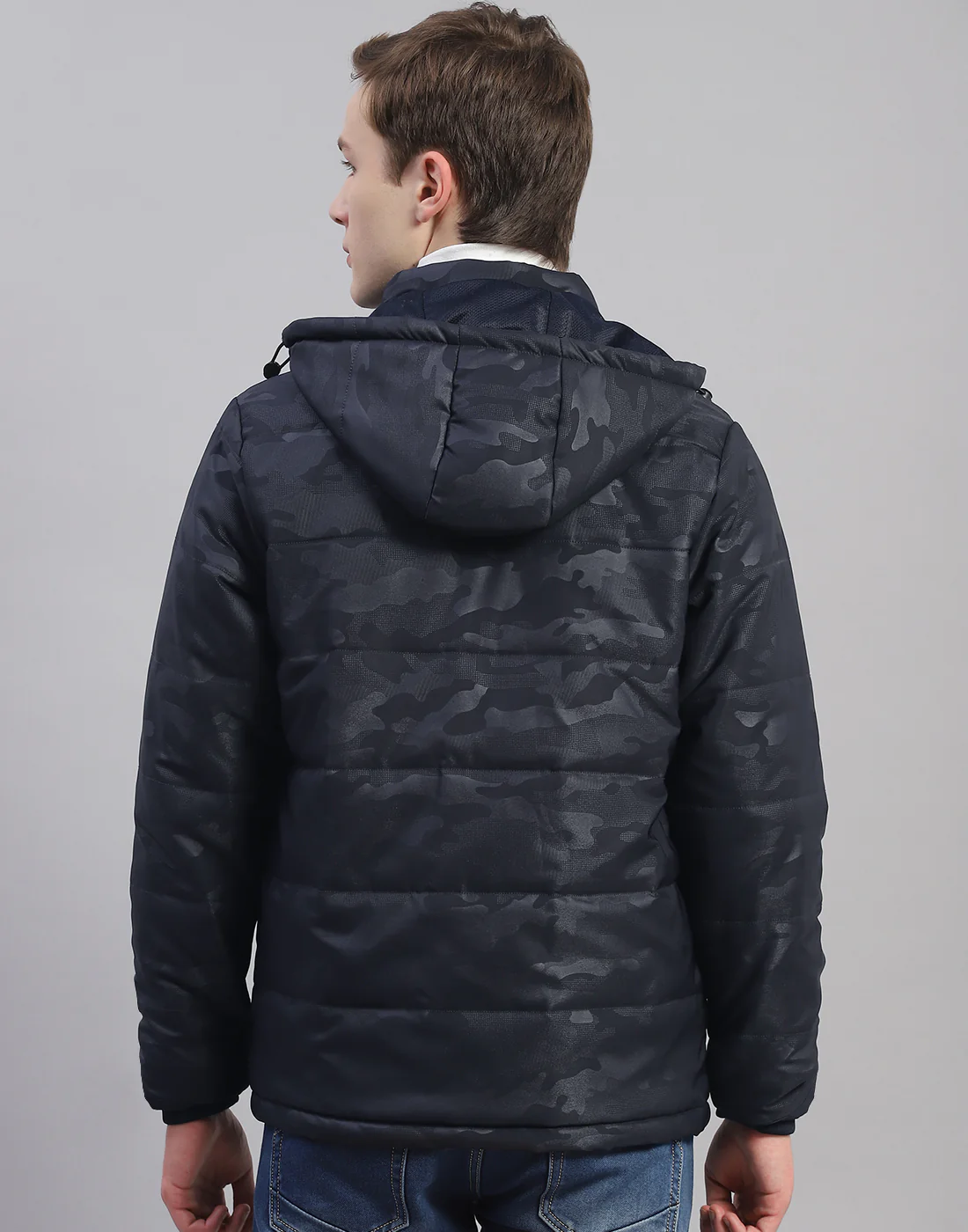 Men Navy Blue Printed Hooded Full Sleeve Jacket - Image 5