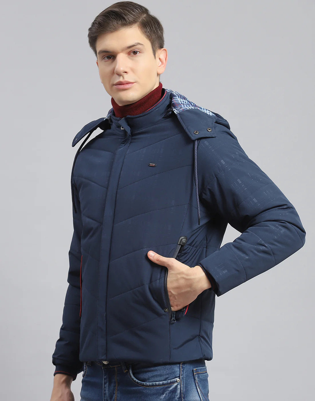 Men Navy Blue Printed Hooded Full Sleeve Jacket - Image 3