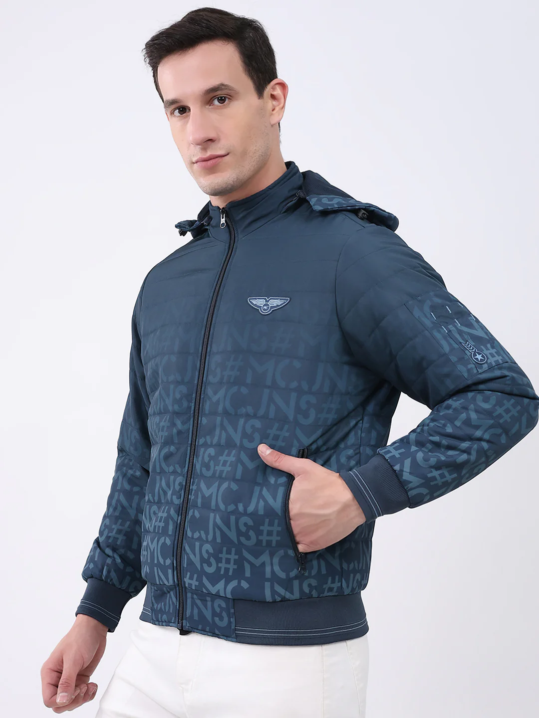 Men Navy Blue Printed Hooded Full Sleeve Jacket - Image 3
