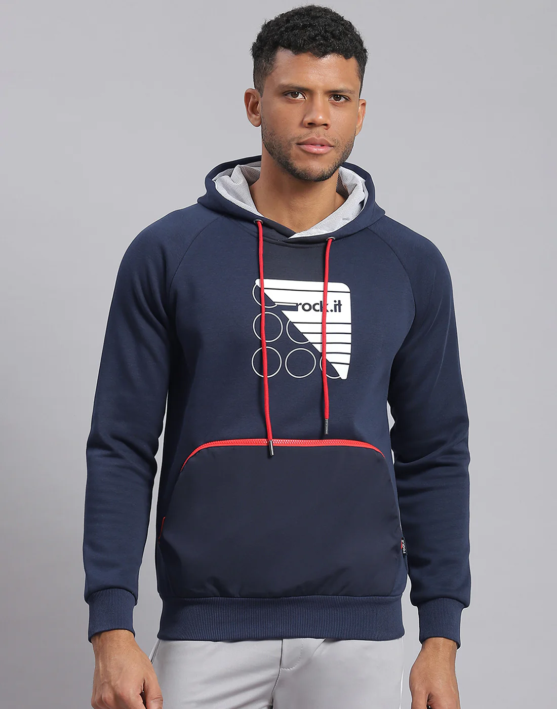 Rock.it Men Navy Blue Printed Hooded Full Sleeve Sweatshirt - Image 2