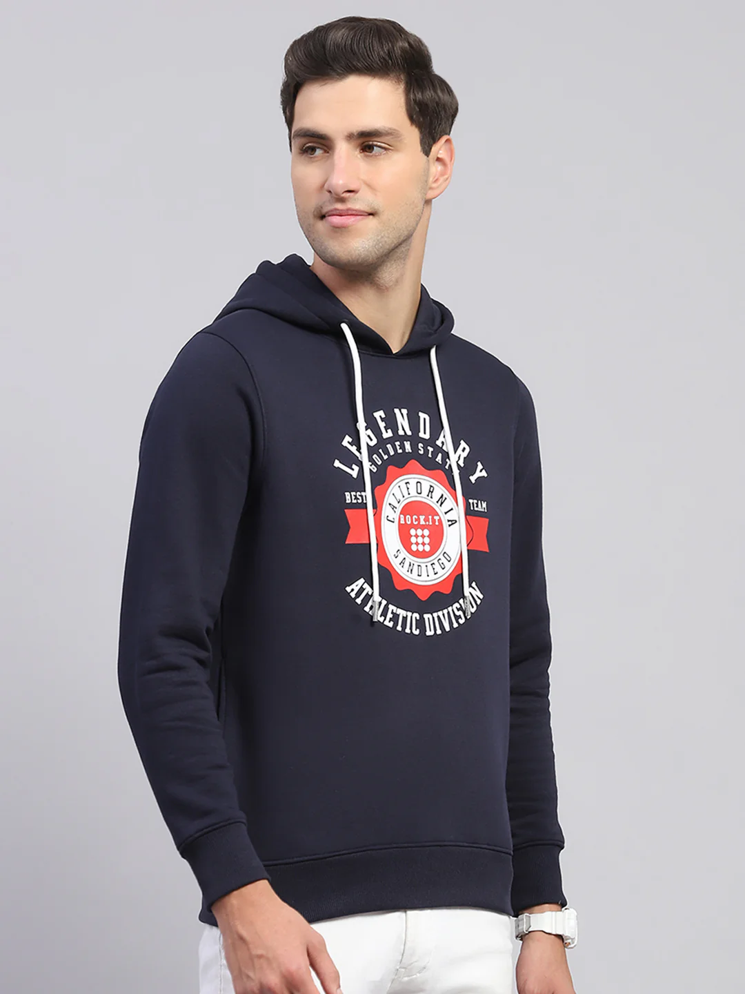 Rock.it Men Navy Blue Printed Hooded Full Sleeve Sweatshirt - Image 4