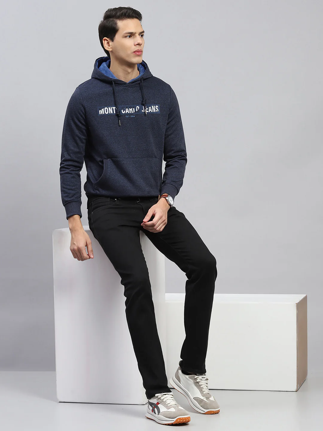 Men Navy Blue Printed Hooded Full Sleeve Sweatshirt - Image 2