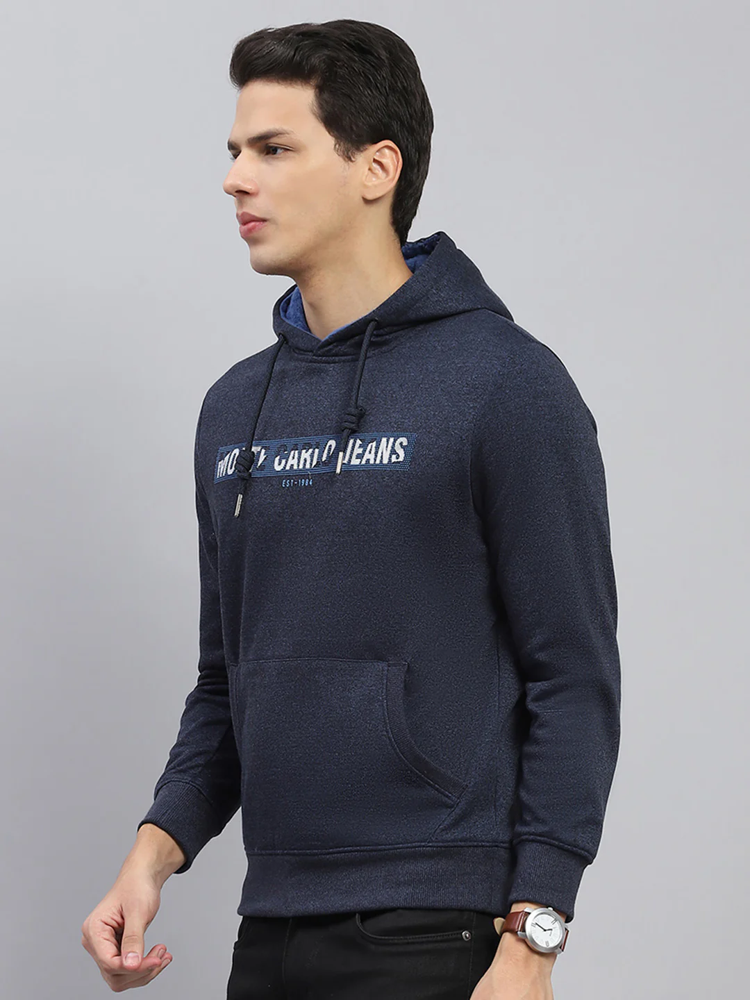 Men Navy Blue Printed Hooded Full Sleeve Sweatshirt - Image 3