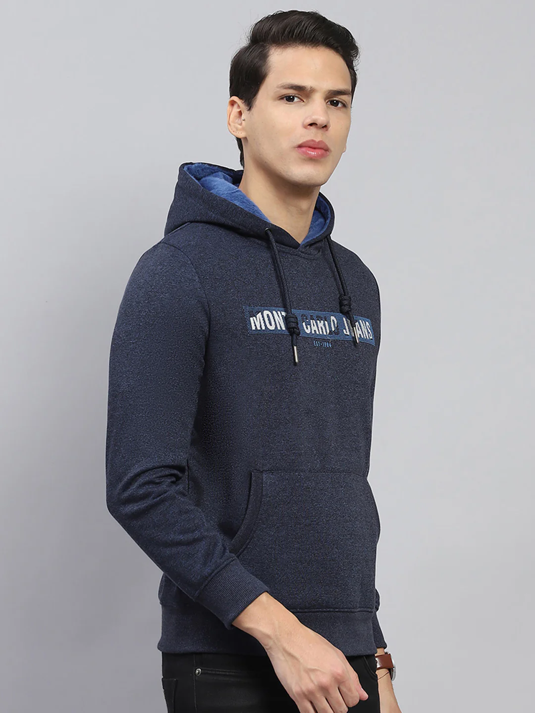 Men Navy Blue Printed Hooded Full Sleeve Sweatshirt - Image 4