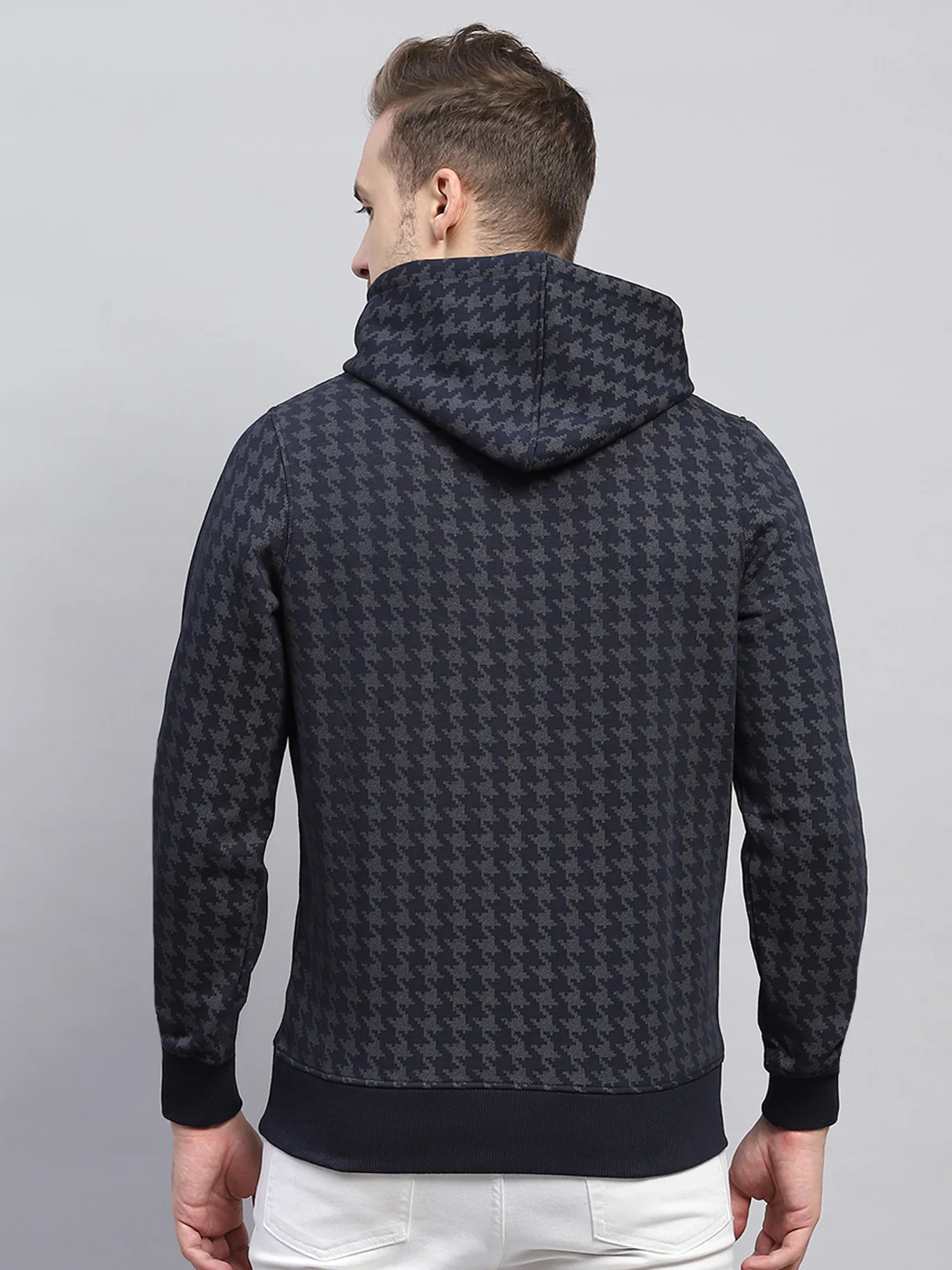 Men Navy Blue Printed Hooded Full Sleeve Sweatshirt - Image 5