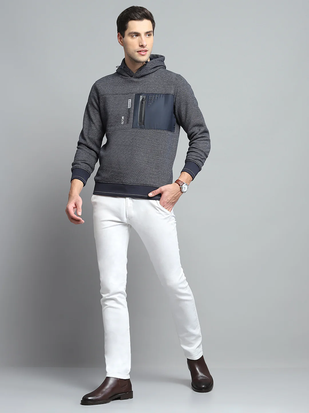 Men Navy Blue Printed Hooded Full Sleeve Sweatshirt - Image 2
