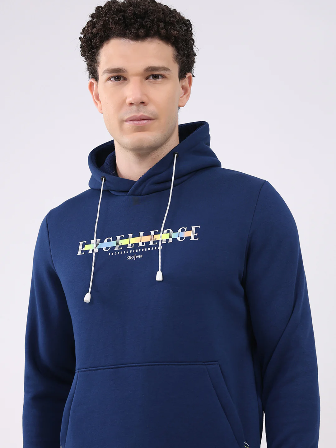 Men Navy Blue Printed Hooded Full Sleeve Sweatshirt - Image 7
