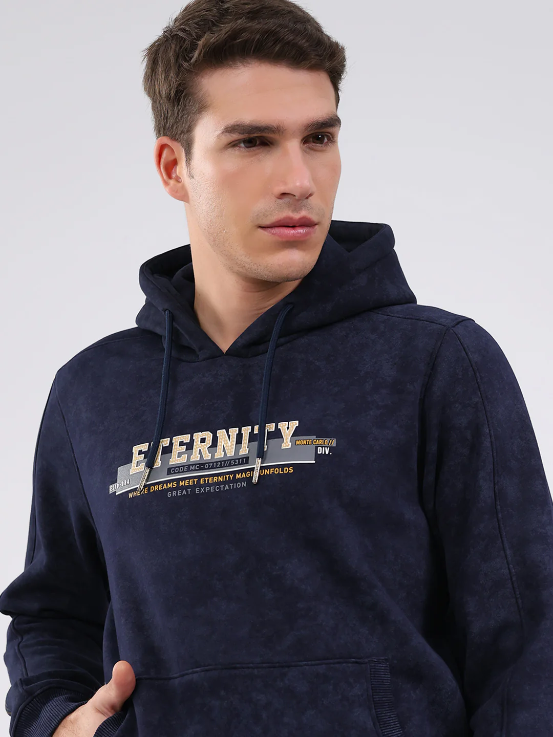 Men Navy Blue Printed Hooded Full Sleeve Sweatshirt - Image 6