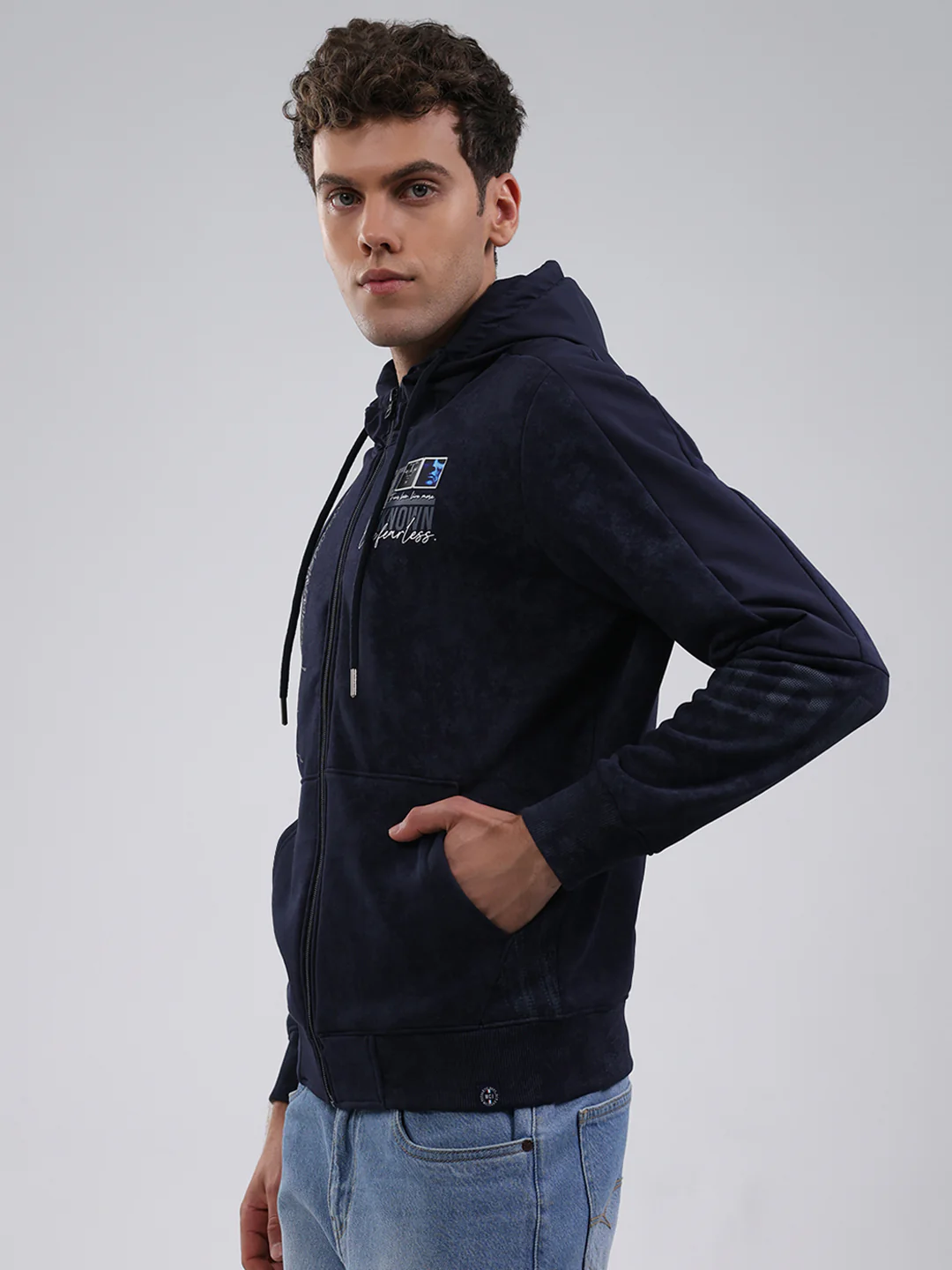 Men Navy Blue Printed Hooded Full Sleeve Sweatshirt - Image 3
