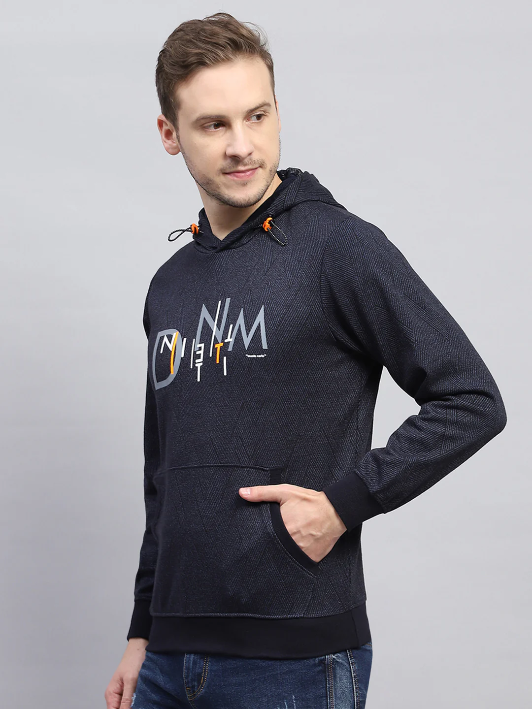 Men Navy Blue Printed Hooded Full Sleeve Winter T-Shirt - Image 3