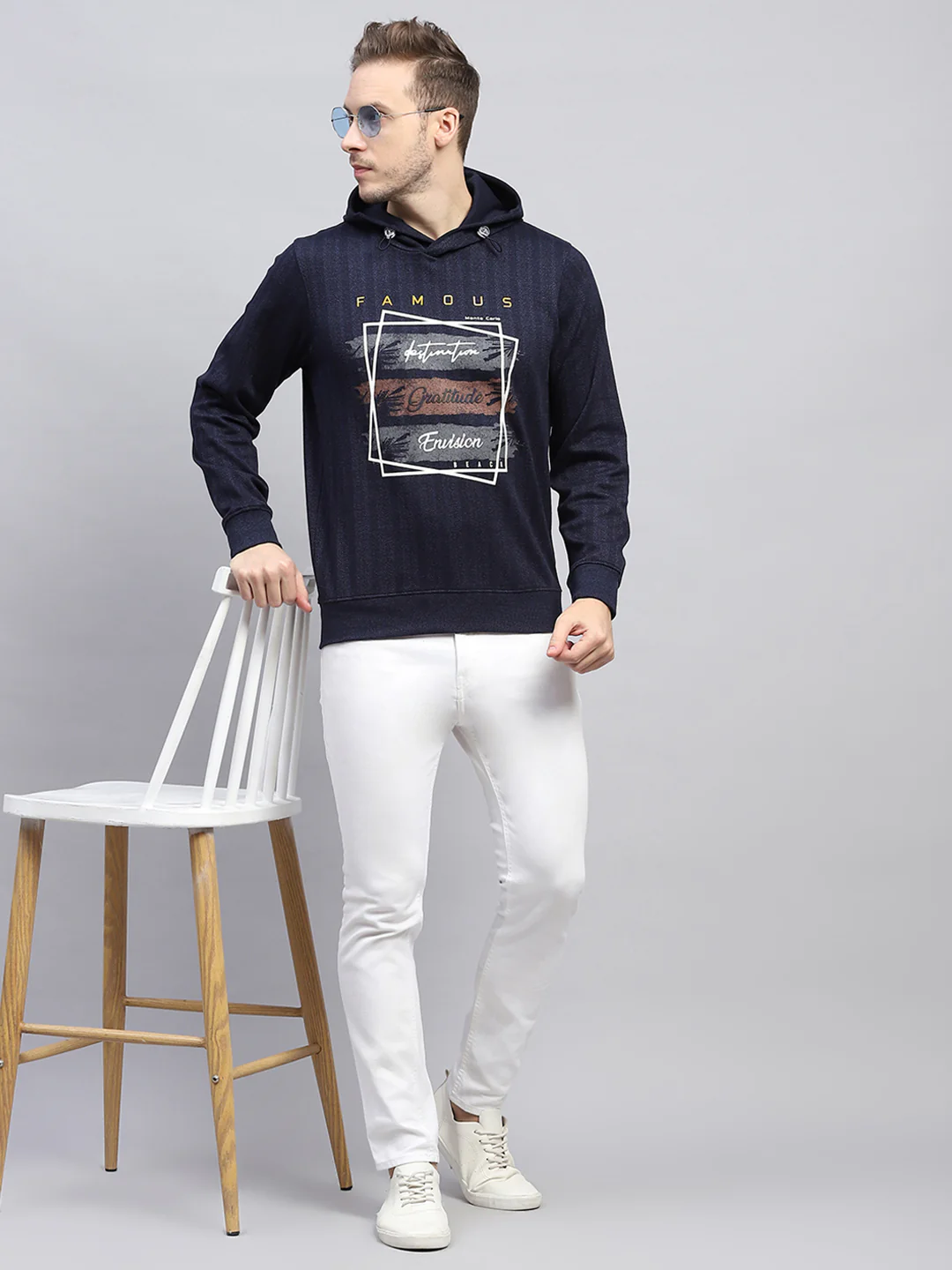 Men Navy Blue Printed Hooded Full Sleeve Winter T-Shirt - Image 2