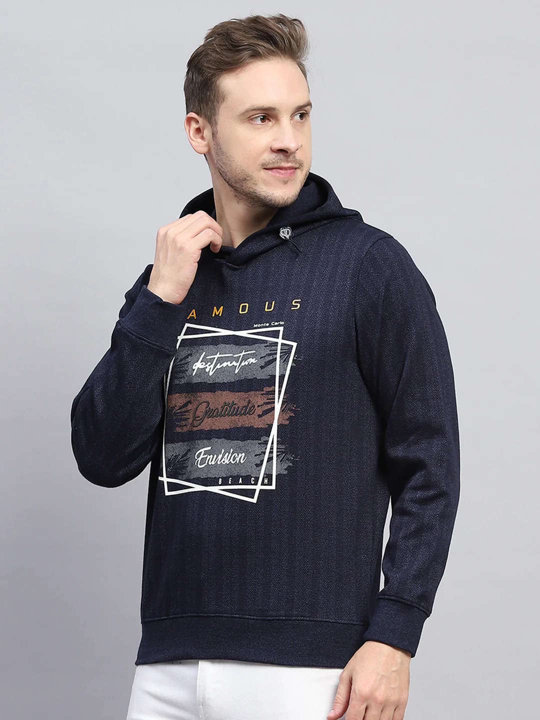 Men Navy Blue Printed Hooded Full Sleeve Winter T-Shirt - Image 3
