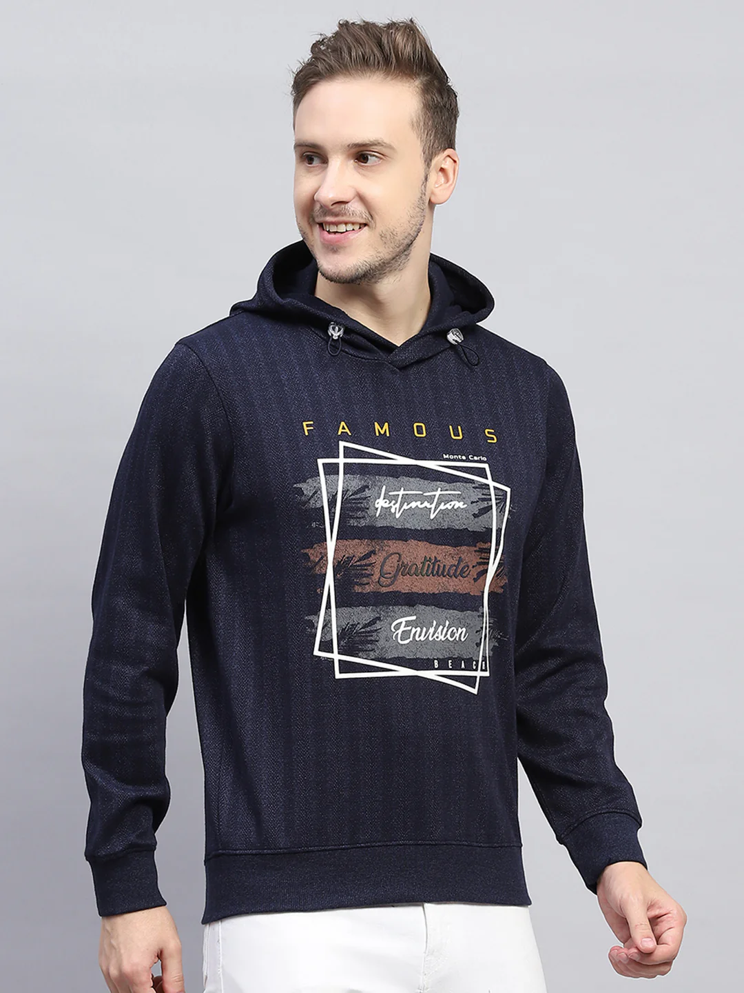Men Navy Blue Printed Hooded Full Sleeve Winter T-Shirt - Image 4