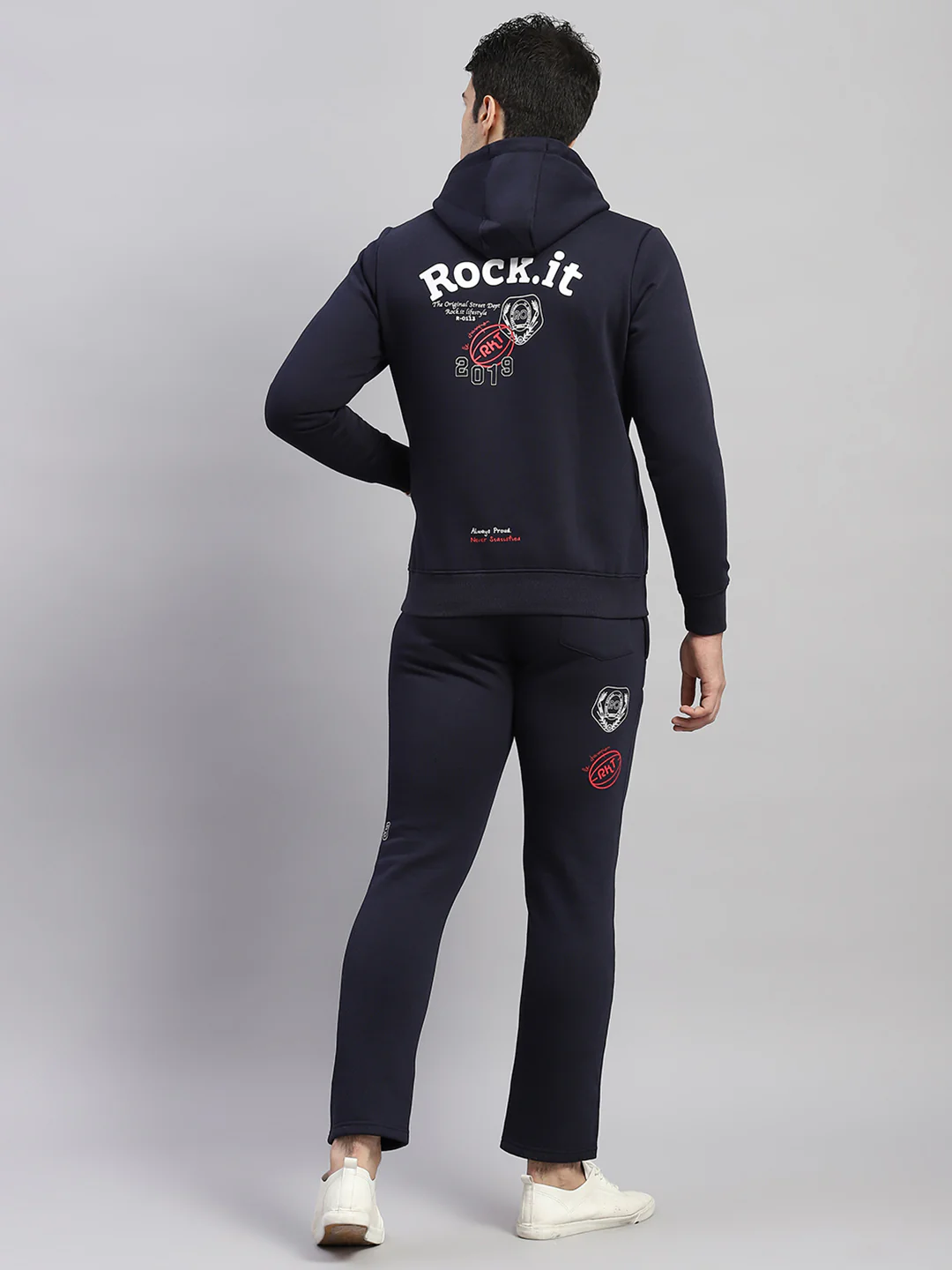 Rock.it Men Navy Blue Printed Hooded Full Sleeve Winter Tracksuit - Image 5
