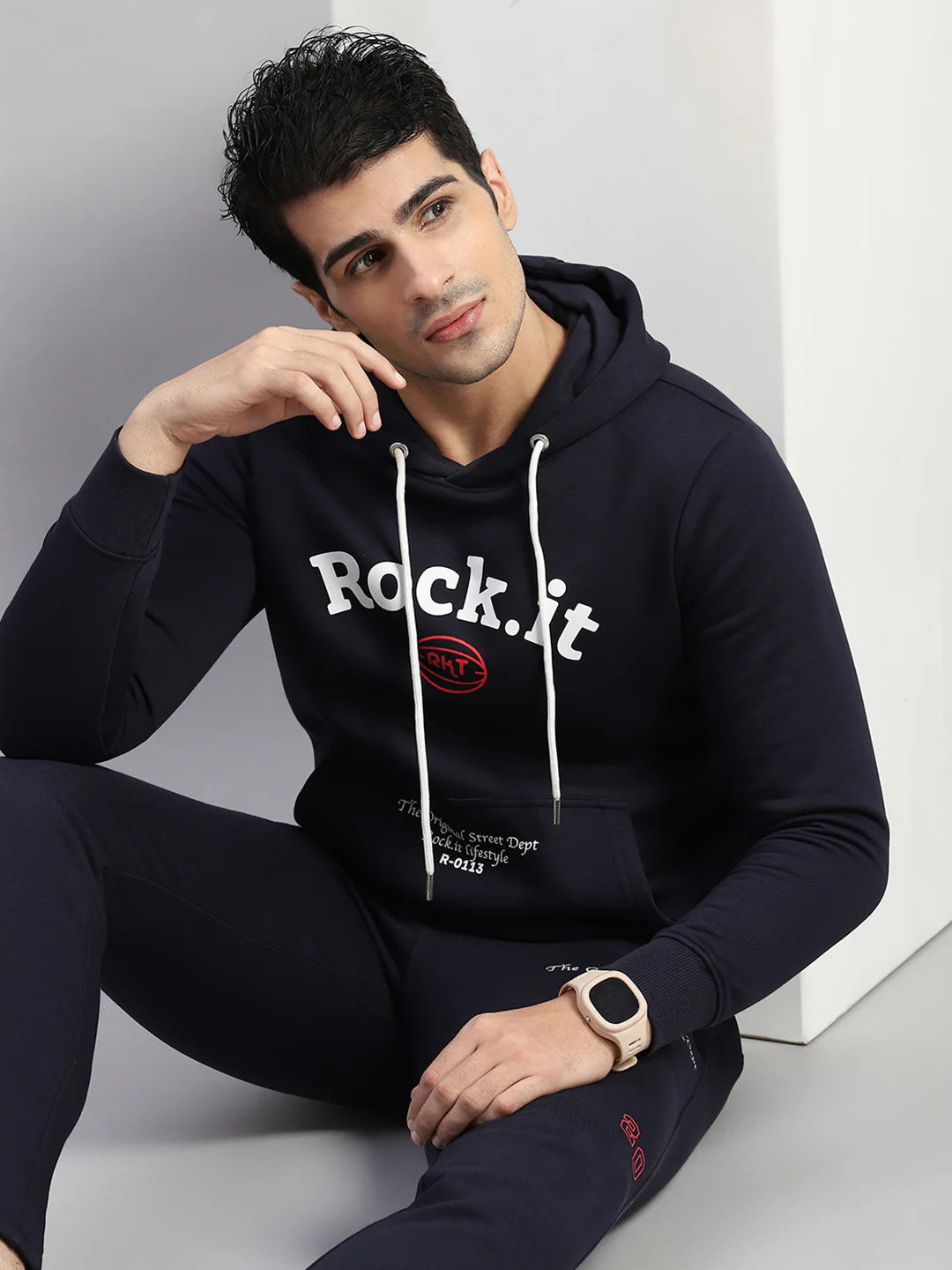 Rock.it Men Navy Blue Printed Hooded Full Sleeve Winter Tracksuit - Image 6
