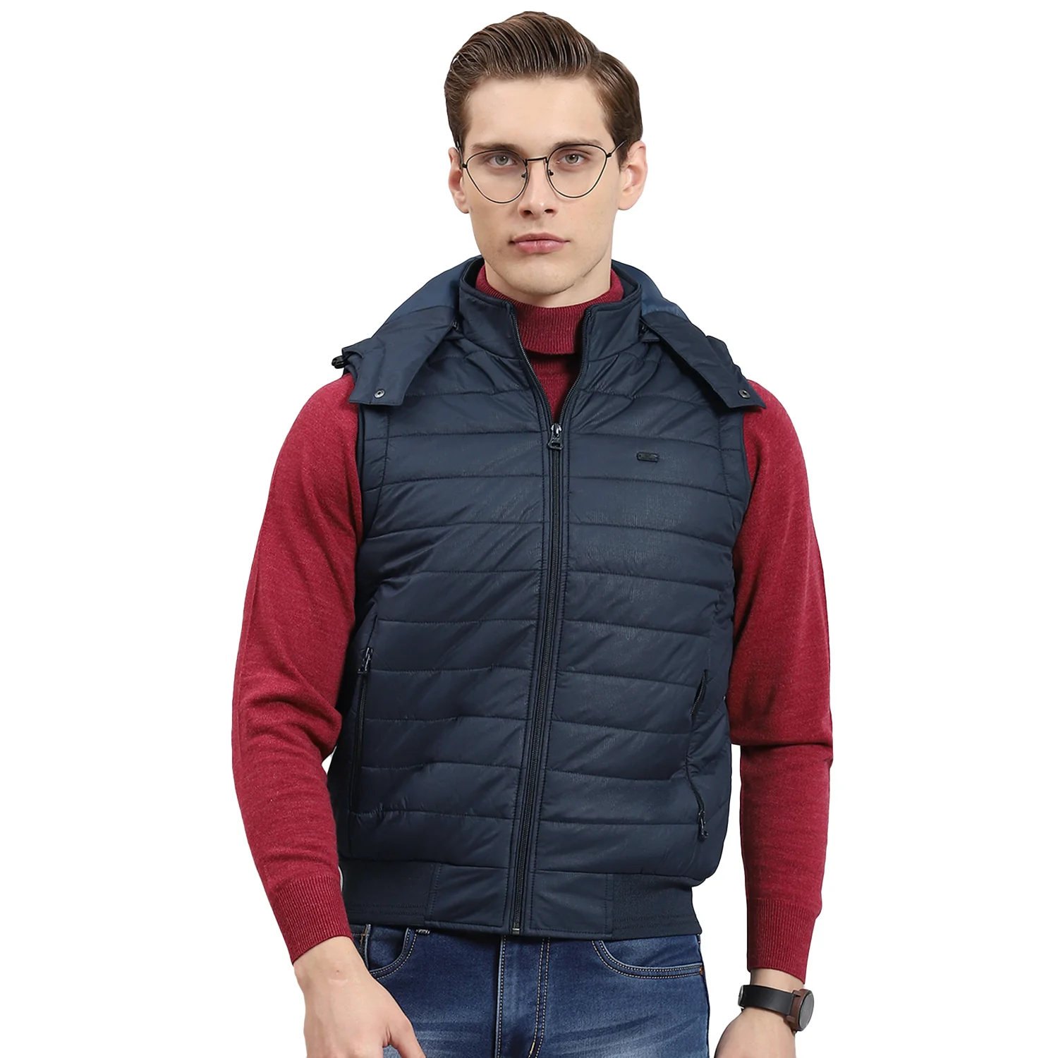 Men Navy Blue Printed Hooded Sleeveless Jacket - Image 5