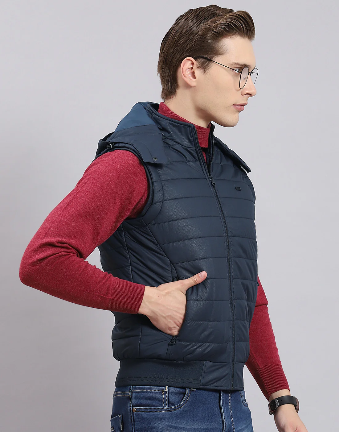 Men Navy Blue Printed Hooded Sleeveless Jacket - Image 6