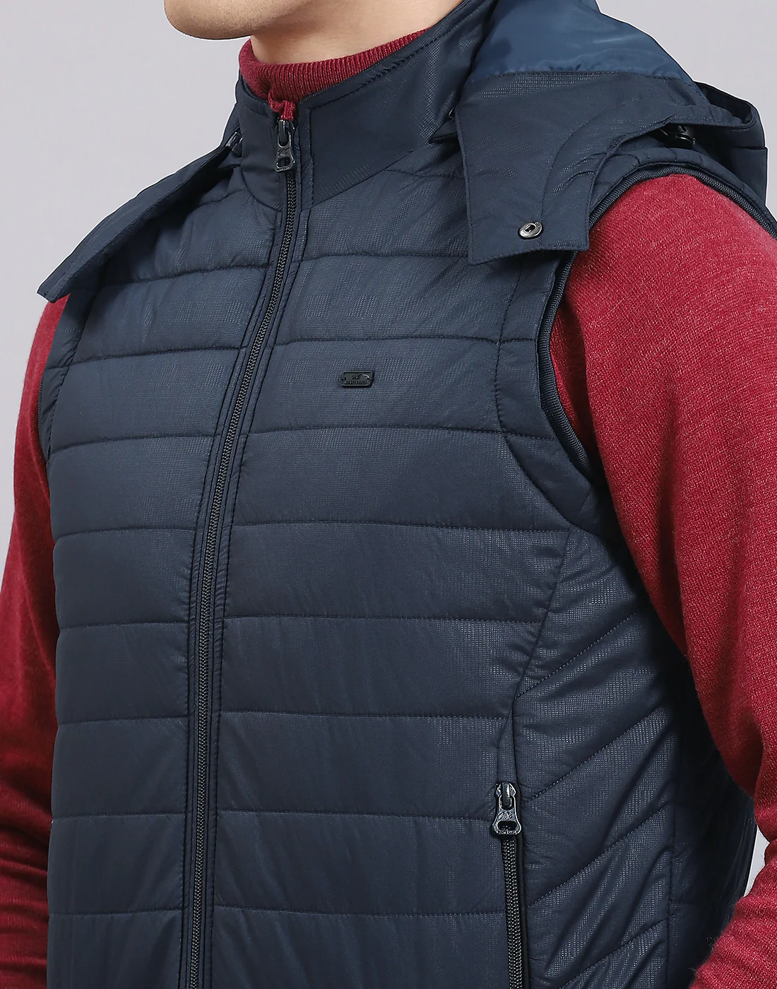 Men Navy Blue Printed Hooded Sleeveless Jacket - Image 8