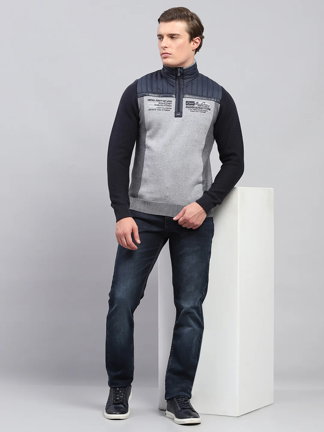 Men Navy Blue Printed Mock Neck Full Sleeve Pullover - Image 2