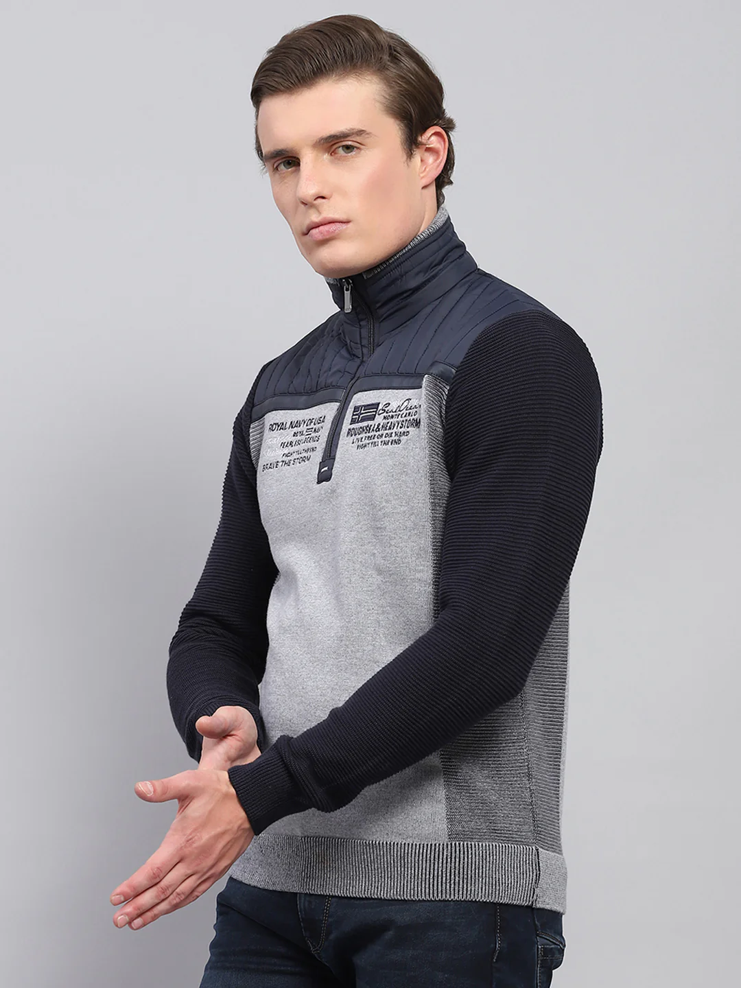 Men Navy Blue Printed Mock Neck Full Sleeve Pullover - Image 3