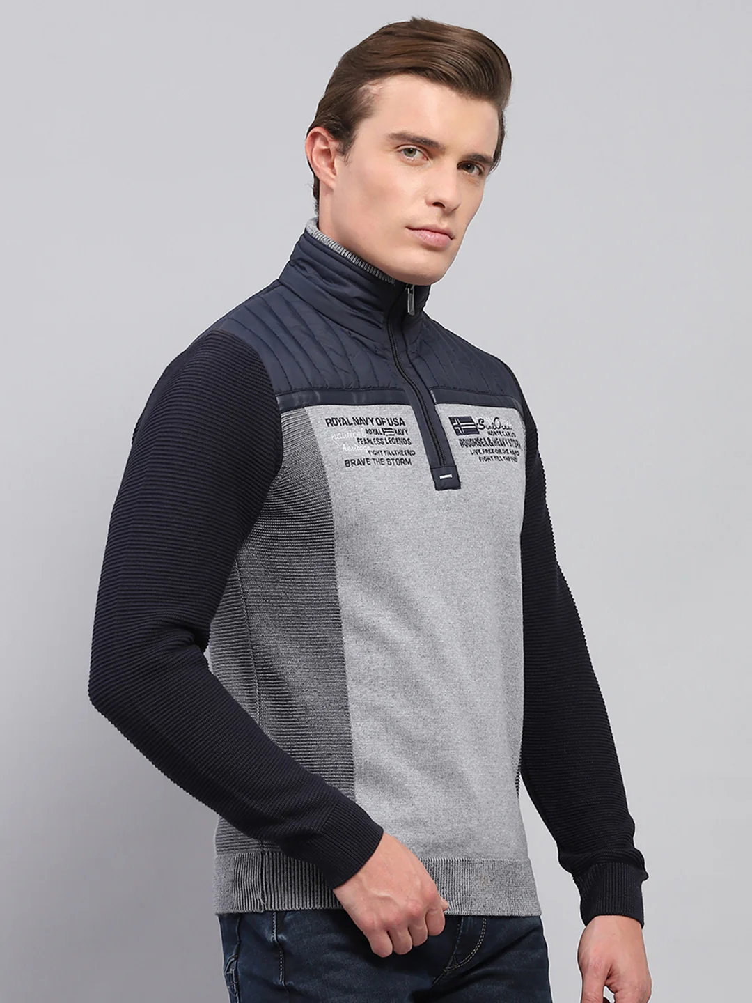 Men Navy Blue Printed Mock Neck Full Sleeve Pullover - Image 4
