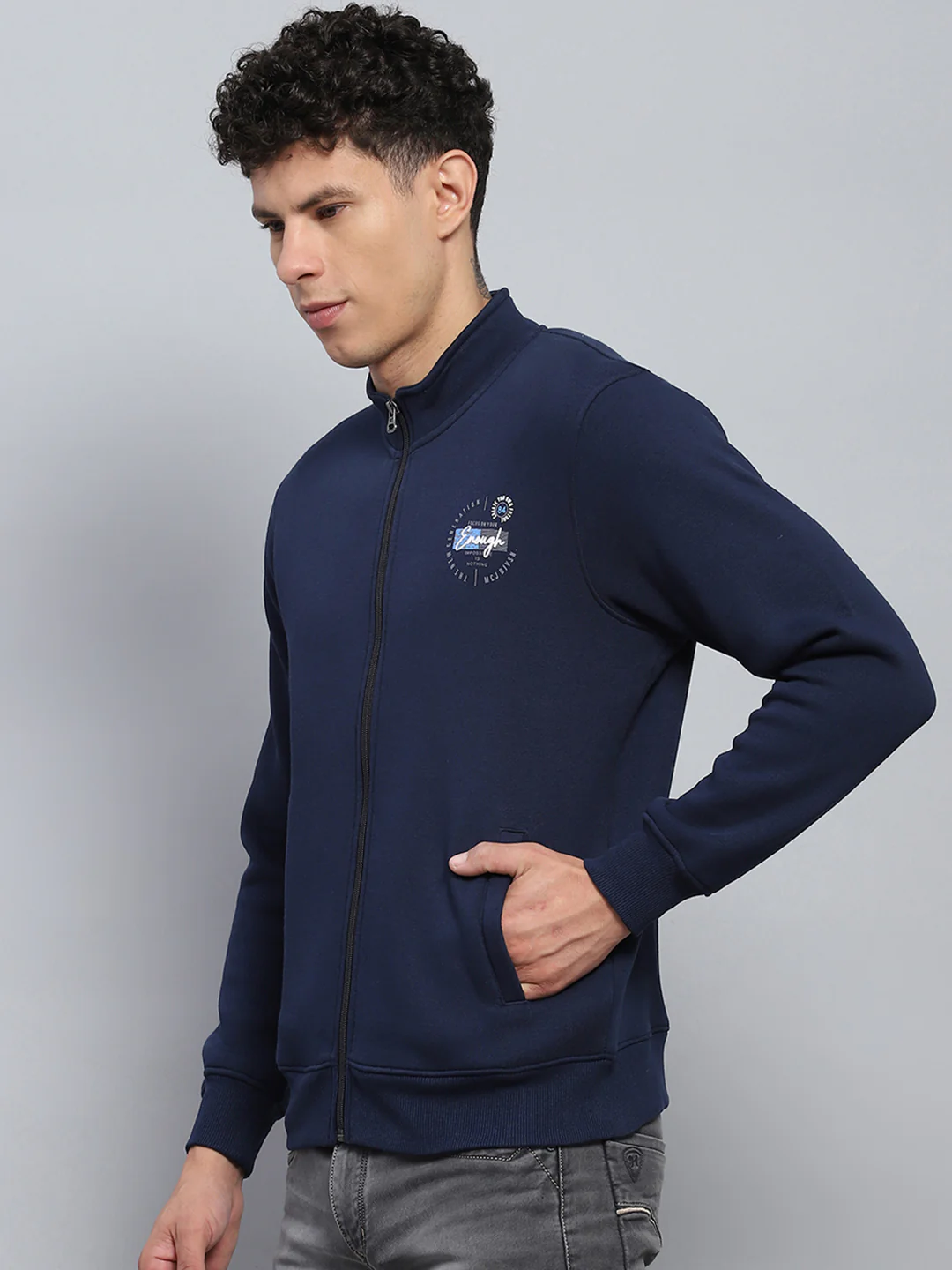 Men Navy Blue Printed Mock Neck Full Sleeve Sweatshirt - Image 3