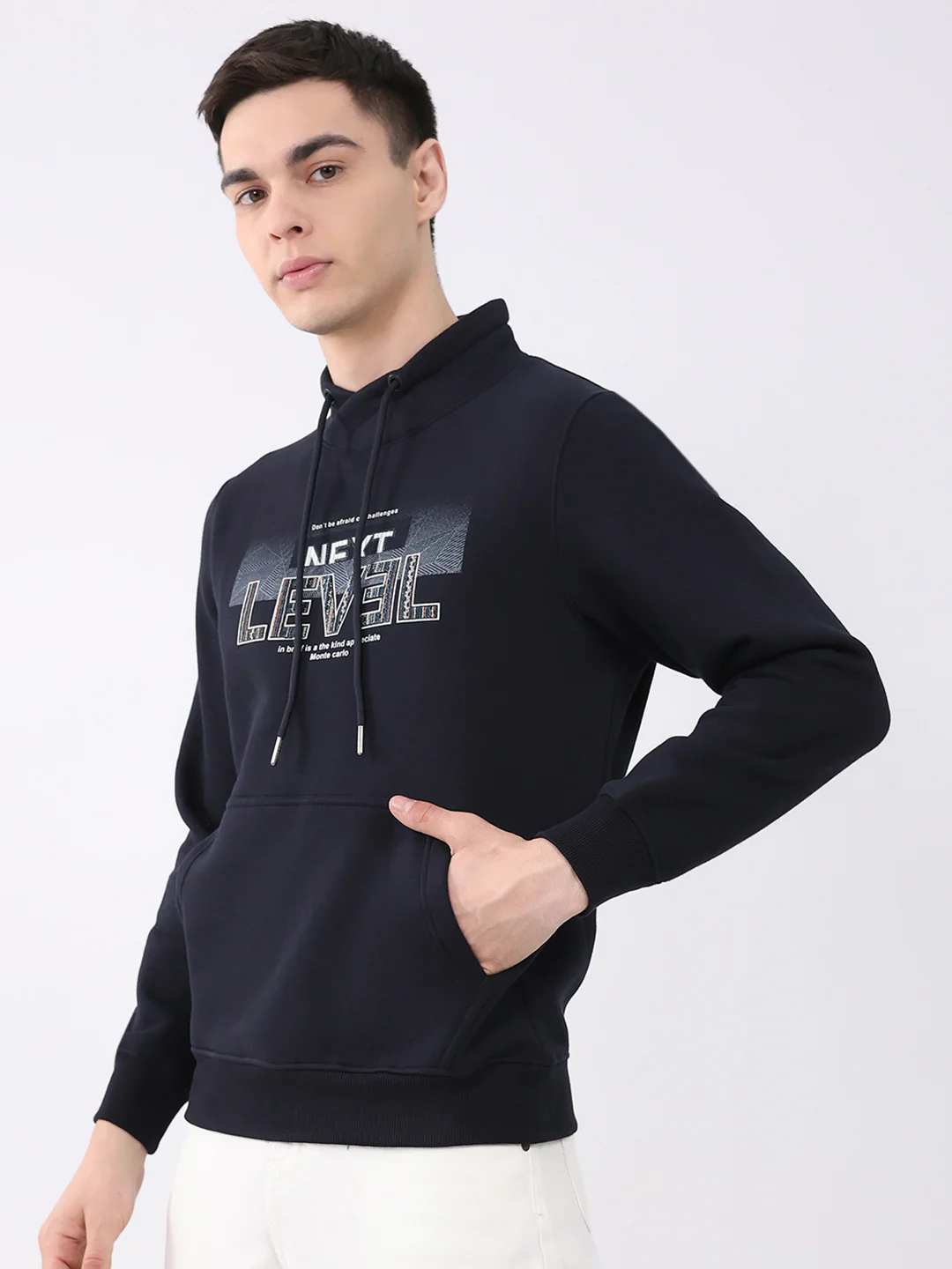 Men Navy Blue Printed Mock Neck Full Sleeve Sweatshirt - Image 3