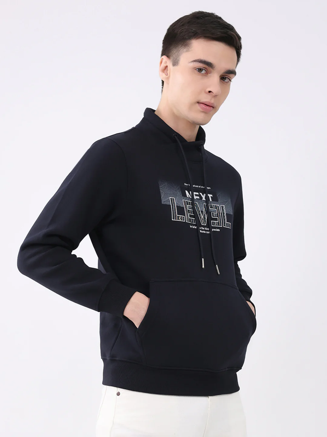 Men Navy Blue Printed Mock Neck Full Sleeve Sweatshirt - Image 4