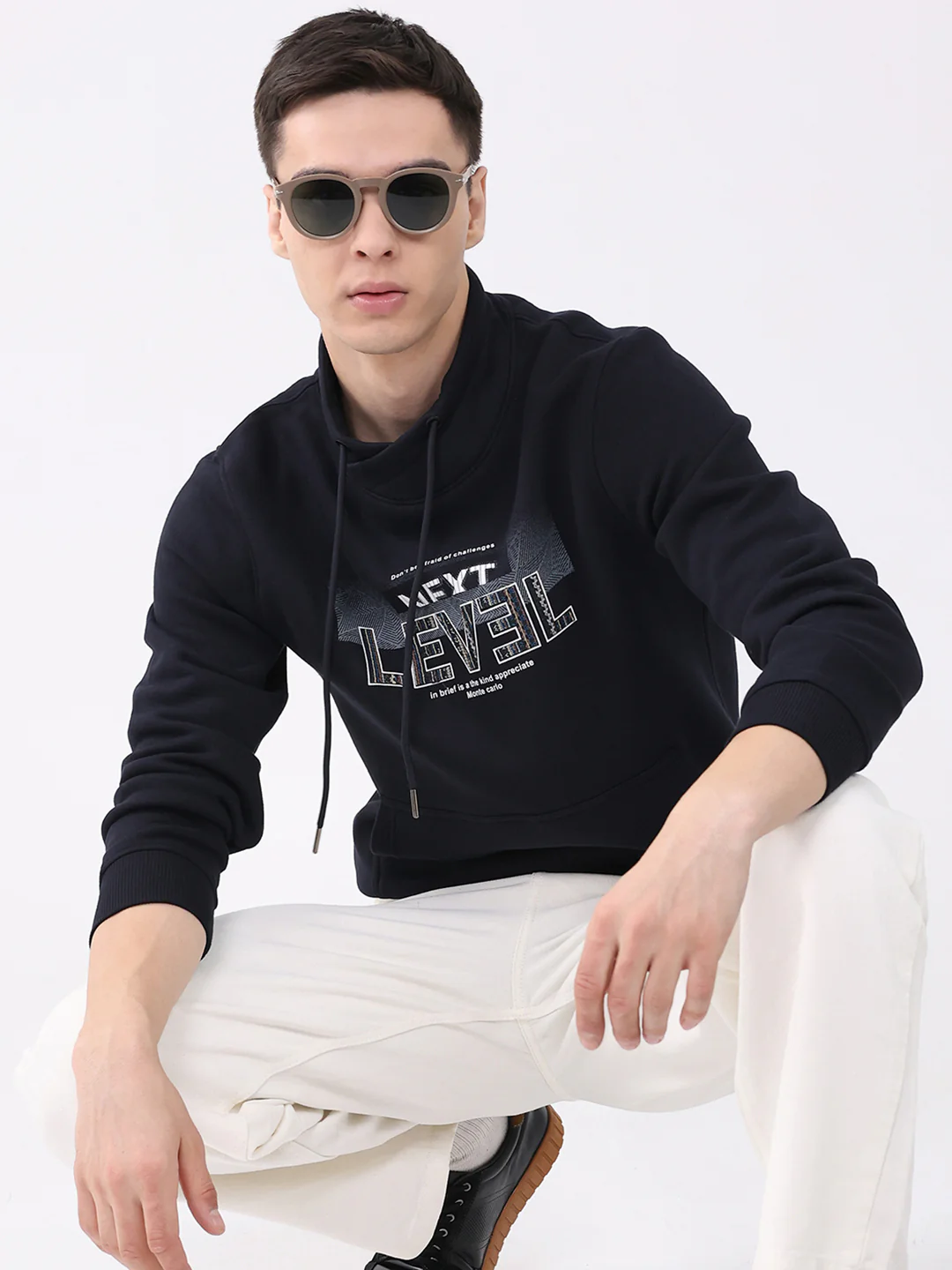 Men Navy Blue Printed Mock Neck Full Sleeve Sweatshirt - Image 6