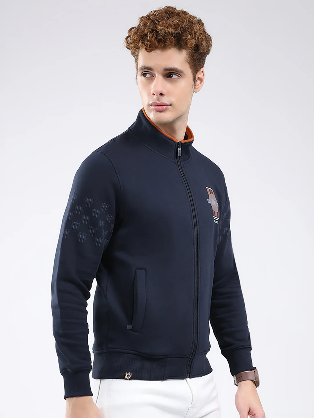 Men Navy Blue Printed Mock Neck Full Sleeve Sweatshirt - Image 4