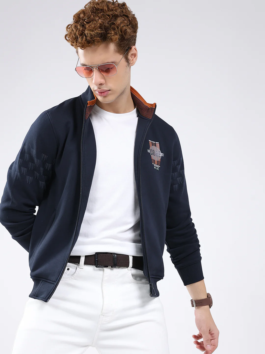 Men Navy Blue Printed Mock Neck Full Sleeve Sweatshirt - Image 7