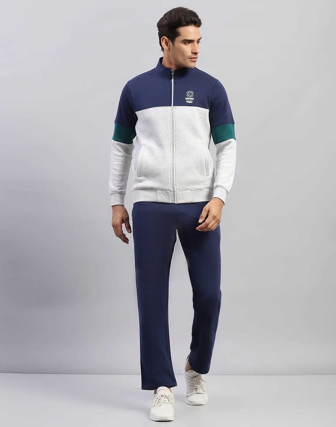 Men Navy Blue Printed Mock Neck Full Sleeve Winter Tracksuit - Image 2
