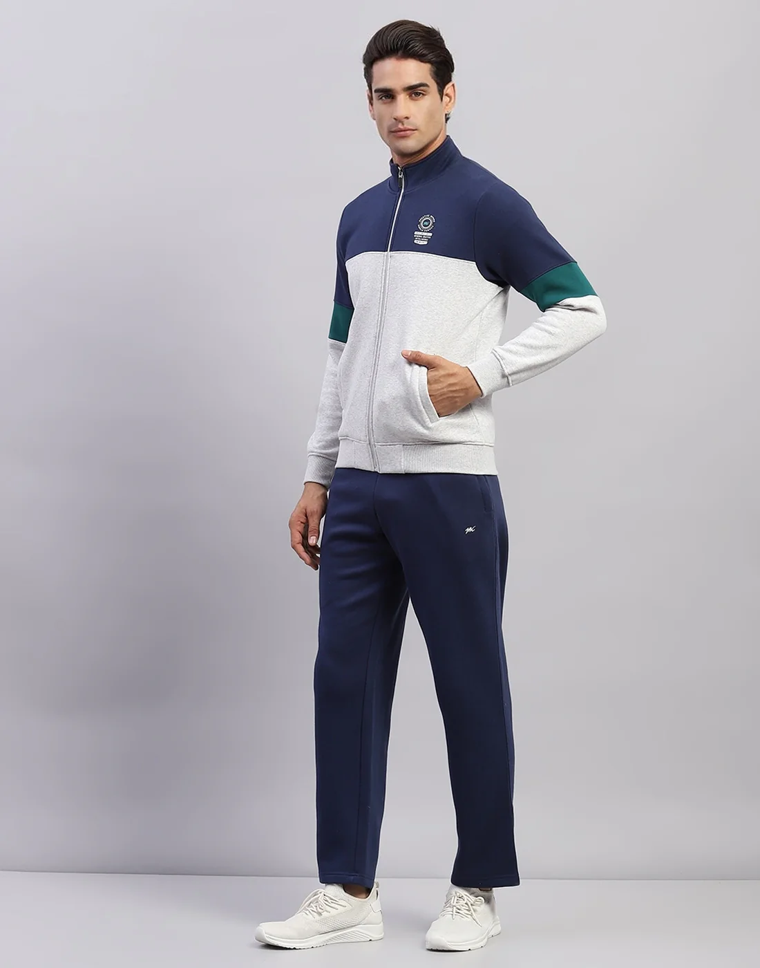 Men Navy Blue Printed Mock Neck Full Sleeve Winter Tracksuit - Image 3