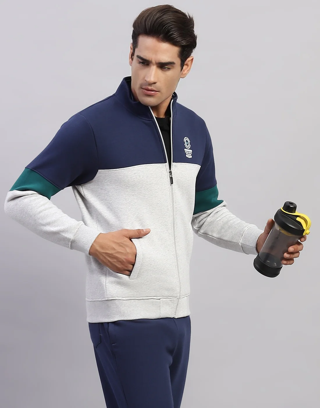 Men Navy Blue Printed Mock Neck Full Sleeve Winter Tracksuit - Image 6