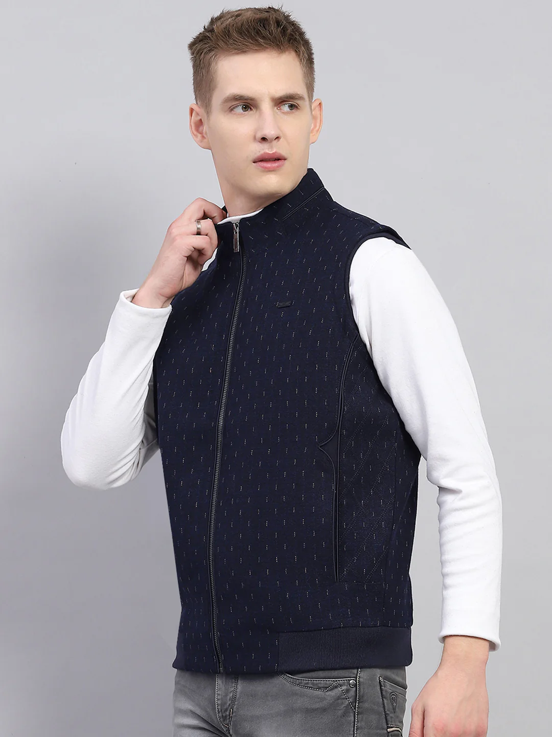 Men Navy Blue Printed Mock Neck Sleeveless Jacket - Image 3