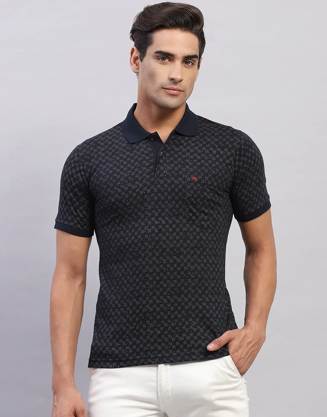 Men Navy Blue Printed Polo Collar Half Sleeve T-Shirt - Image 2