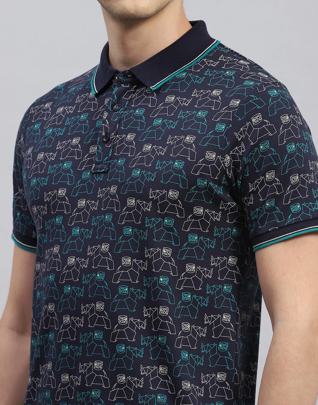 Men Navy Blue Printed Polo Collar Half Sleeve T-Shirt - Image 6